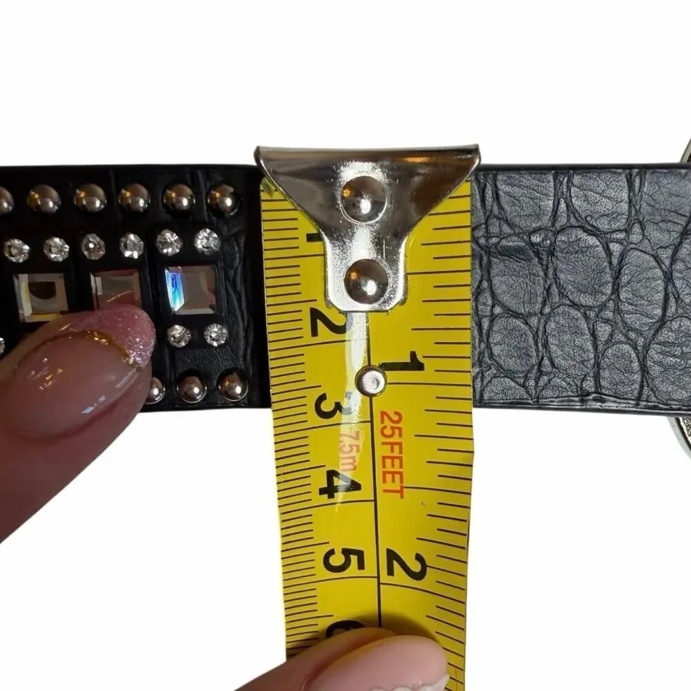 Western Rhinestone Crystal Belt Black Genuine Leather Croc Embossed Studded SM